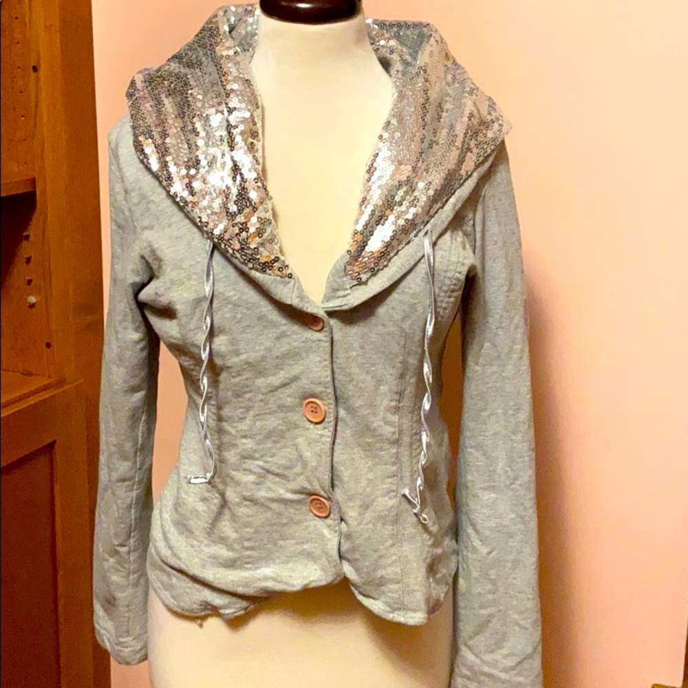 MADE IN ITALY Button-Up Sequin Hood Sweatshirt